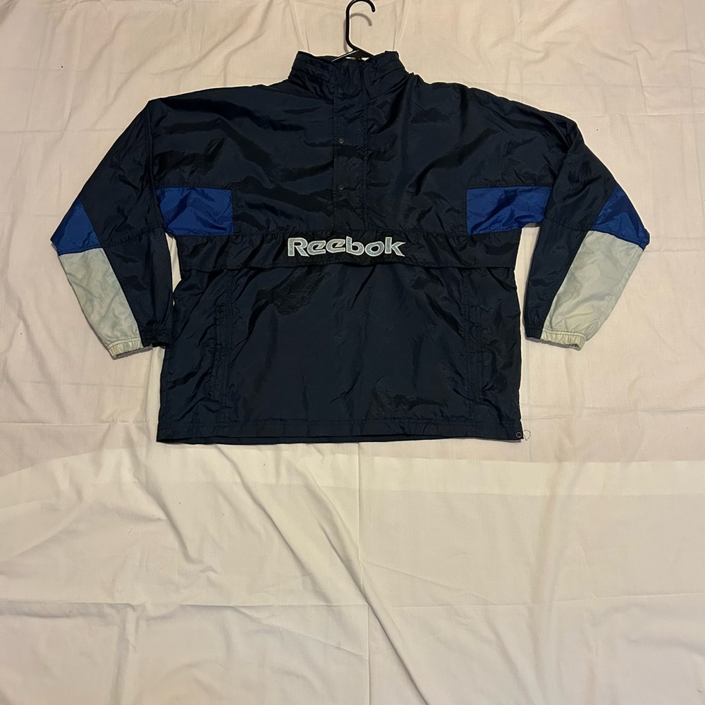 Vintage 90s Reebok Spell-Out Windbreaker Pullover Jacket Navy Blue Colorblock